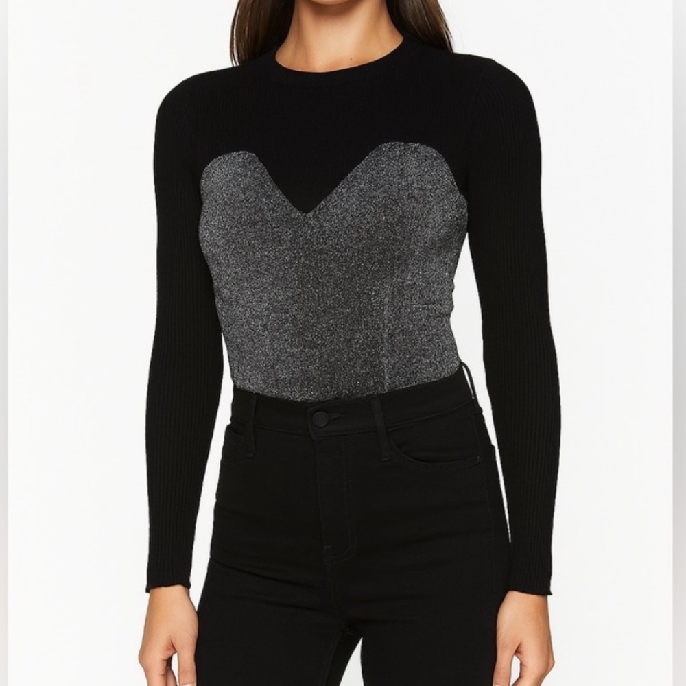 Lumiere Sz Medium Black and Silver Ribbed Mesh Long Sleeve Top • NWT!